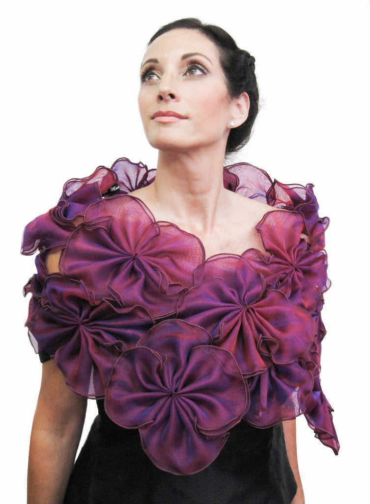 This is a Fuchsia purple metallic silk organza flower wrap made of 64 individual pieces that are then attached to form this beautiful evening wrap.