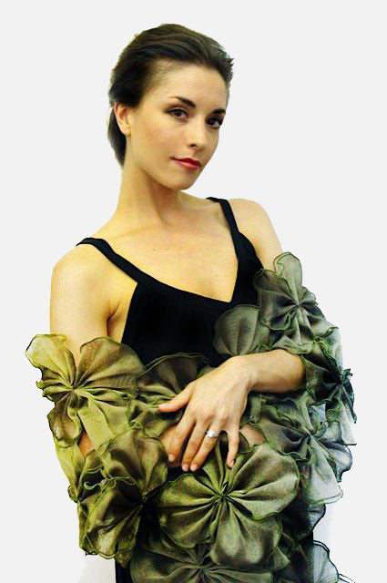 Green and yellow  Metallic silk organza wrap made of attached flowers providing an opening for the arms;