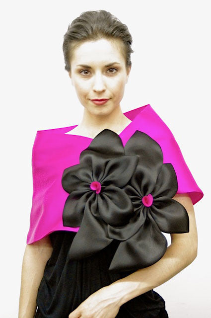 Pink, Fuchsia and BlackThis is a 100% silk evening wrap made of satin faced organza that features two large flowers. Bold and dramatic, 