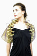This versatile evening wrap is made of metallic silk organza and features 48 petals. The ends are narrow, allowing the piece to be tied to create several stunning variations. These include wearing this wrap with the petals near the neck, turning it up side down and folding the collar so that the petals are at the bottom; tying the ends in the back to create a shrug, or folding and draping around the neck to make a boa .