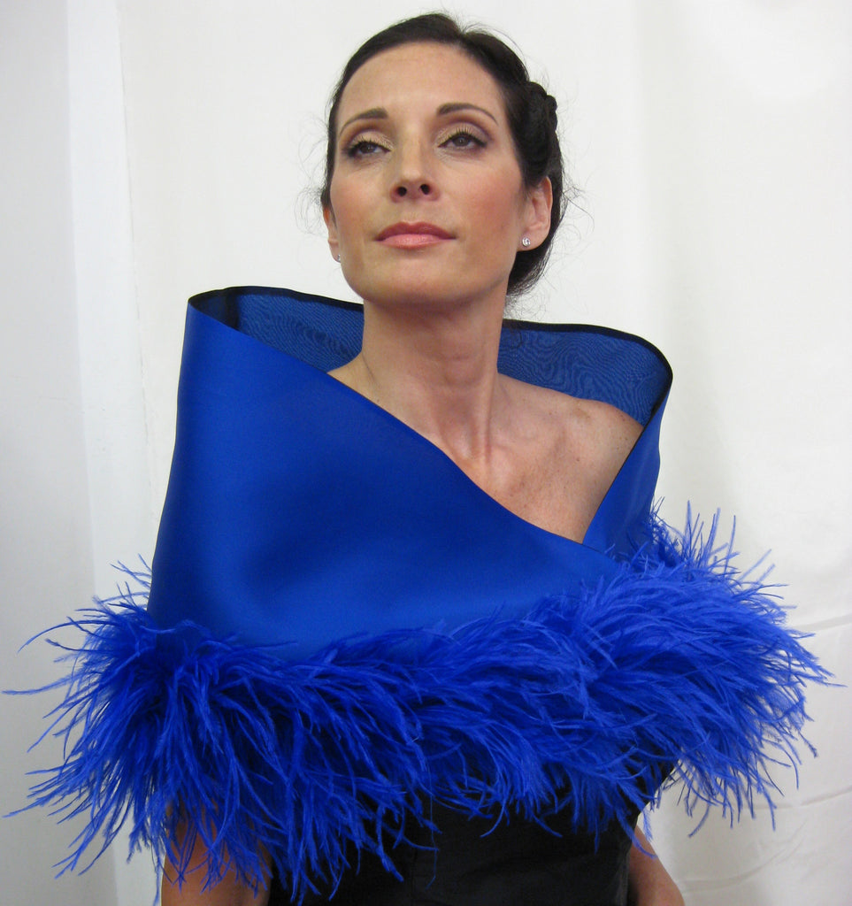 Evening Wrap with Ostrich Feathers Royal Blue / 49 x 13 by Mina Mann