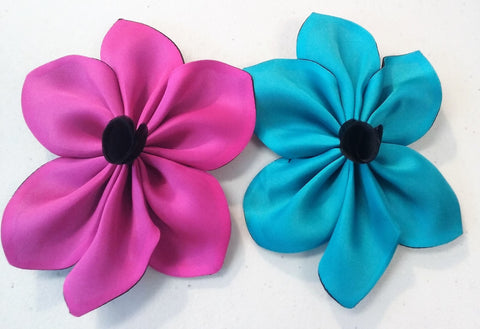 Pink and Blue Satin faced organza flower pin with  fabric center; measurements: