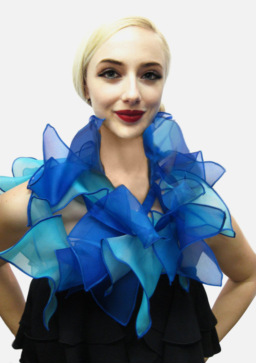 Blue Metallic silk organza two tone triangles on 60" long strap. May be worn long or short scarf