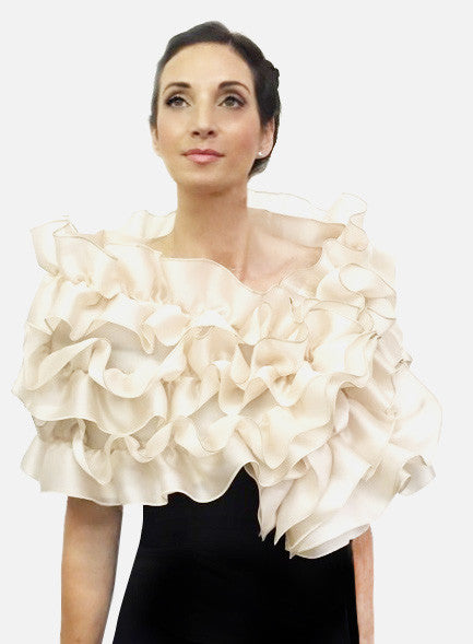 3 Tier Rouched evening wrap Satin faced organza with 3 tiered ruffle, snap closure