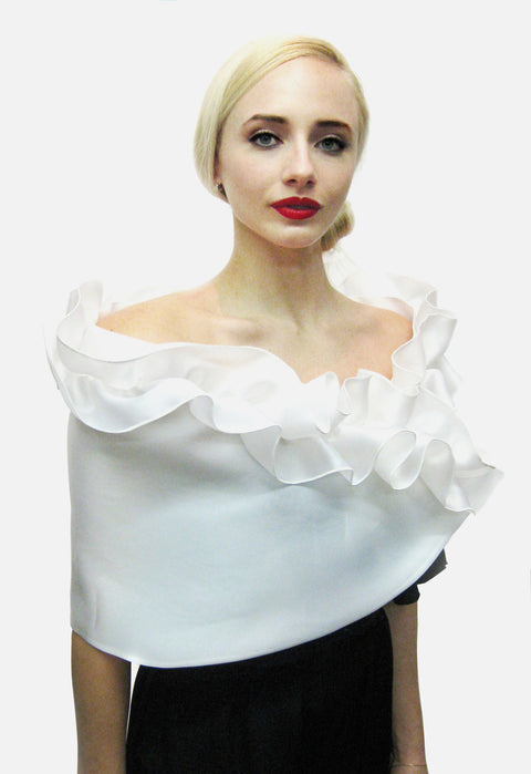 White Satin faced organza wrap with top ruffle and snap closure