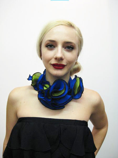Black band choker with flowers in two colors - royal blue and green, all in satin faced organza; snap closure. 