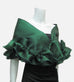 This elegant green, satin organza evening wrap can be made with a snap closure or with ties, depending on preference. It measures 50" x 15" and can be customized for larger sizes. A beautiful addition to any woman's wardrobe, it features a rouched double ruffle at the bottom. This luxurious piece is the perfect cover up for an evening dress or gown.