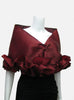 This red burgundy elegant, satin organza evening wrap can be made with a snap closure or with ties, depending on preference. It measures 50" x 15" and can be customized for larger sizes. A beautiful addition to any woman's wardrobe, it features a rouched double ruffle at the bottom. This luxurious piece is the perfect cover up for an evening dress or gown.